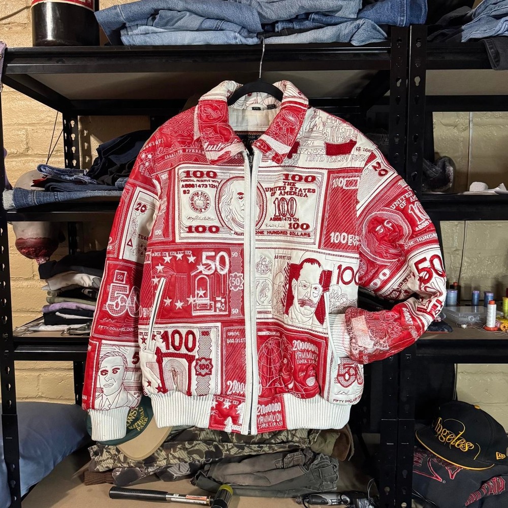 VINTAGE 90s Giovanni Leather AOP Embroidered Currency/Dollar Bill Jacket - Large